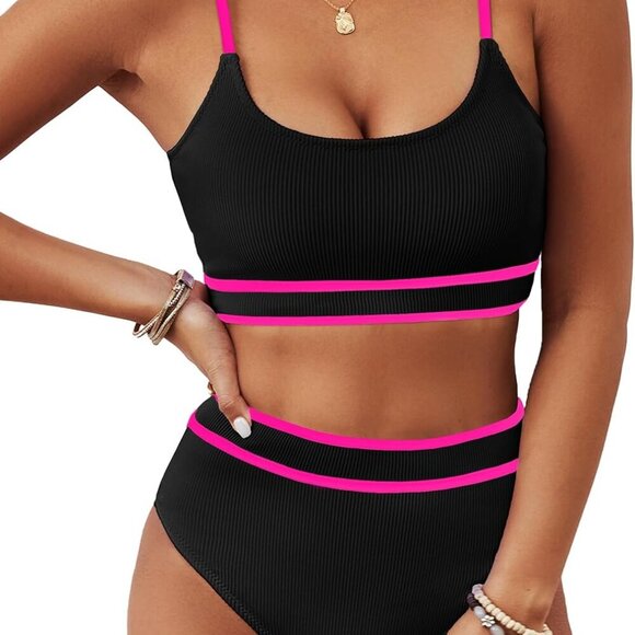 Women's High Waisted Bikini Ribbed Two Piece Swimsuit in Black & Pink, Size X-la - Picture 1 of 6